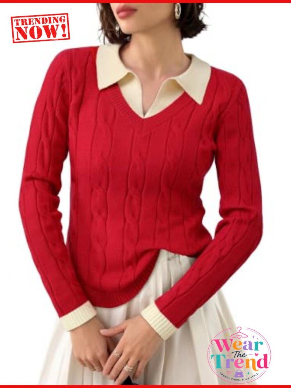 Cable Knit Collared V-Neck Pullover Sweater Long Sleeve Fall Winter Top